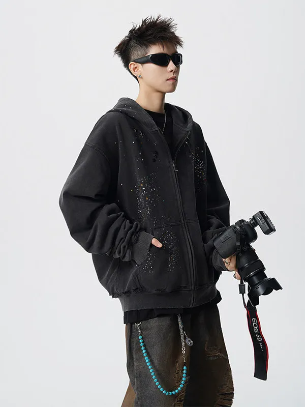 American Retro Heavy-duty Rhinestone Cardigan Zipper Hooded Sweatshirt Men  Autumn High-end Loose Casual Couple Jacket Trendy