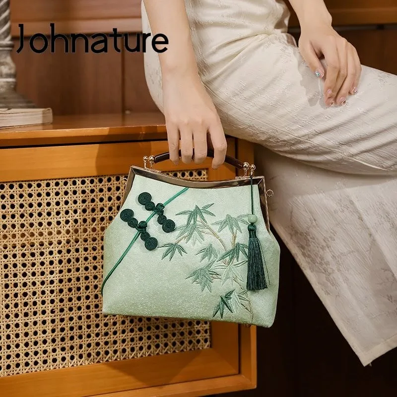 Johnature 2024 New Chinese Style Exquisitely Embroidered Fringed Cheongsam Bag Antique Women Handbag Retro Shoulder Bags