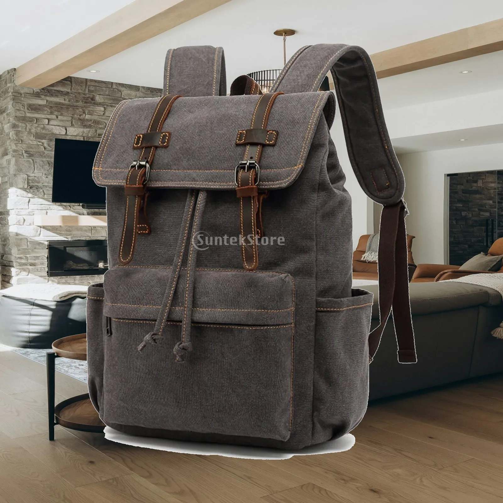 Handcrafted Canvas Leather Shoulder Bag for Weekend Getaways with Contrast Trim and Inner Drawstring Closure