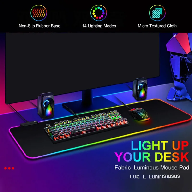 

A19E-Коврик для игровой мыши, коврик для мыши RGB 31,5x11,8 дюйма, с нескользящей резиновой основой, коврик для компьютерной клавиатуры, мыши, светящийся коврик для мыши