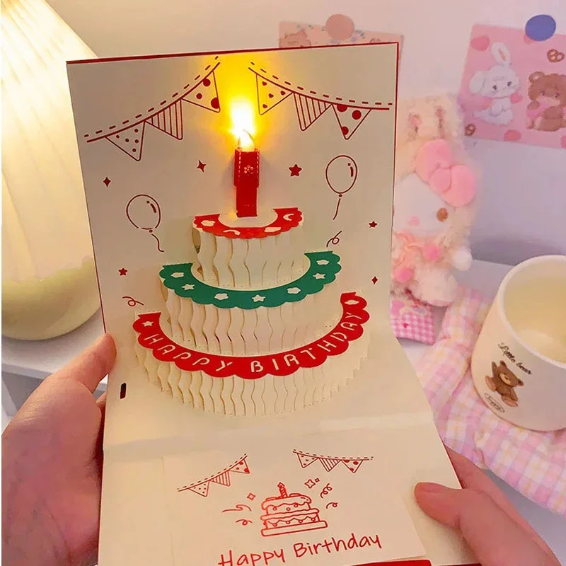 

3D Light Music Birthday Card Pop Up Cake Creative Greeting Card With Music Light Can Be Blow Out Candle Message Card Party Gift