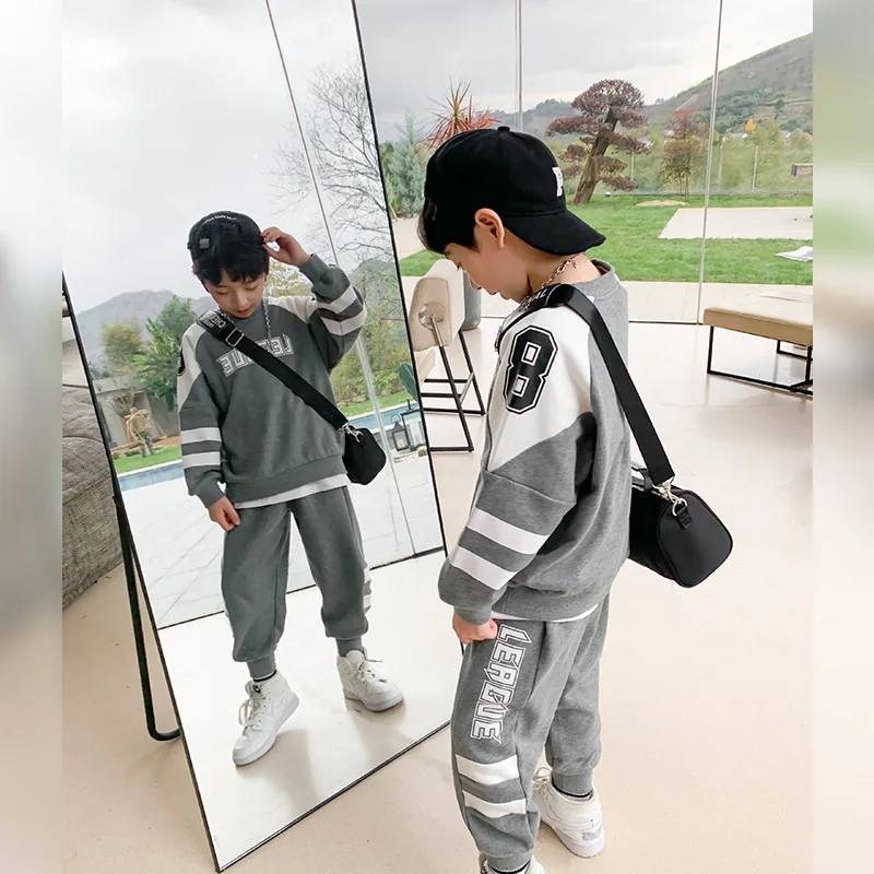 Boys Contrast Alphabet Sweatshirt+Sweatpant School Kids 2PCS Tracksuit Child Jogger Outfit Student Active Workout Set