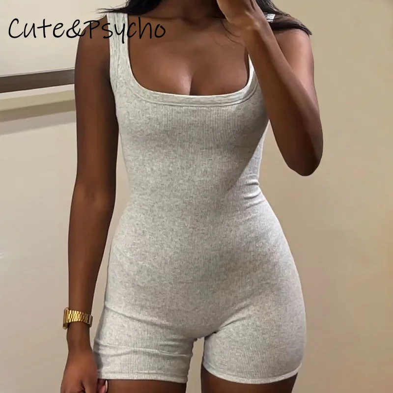 Cuteandpsycho Sleeveless Basic Solid Rompers Fashion Square Collar Chic Bodycon Outfits Streetwear All-match 90s Y2K Jumpsuits