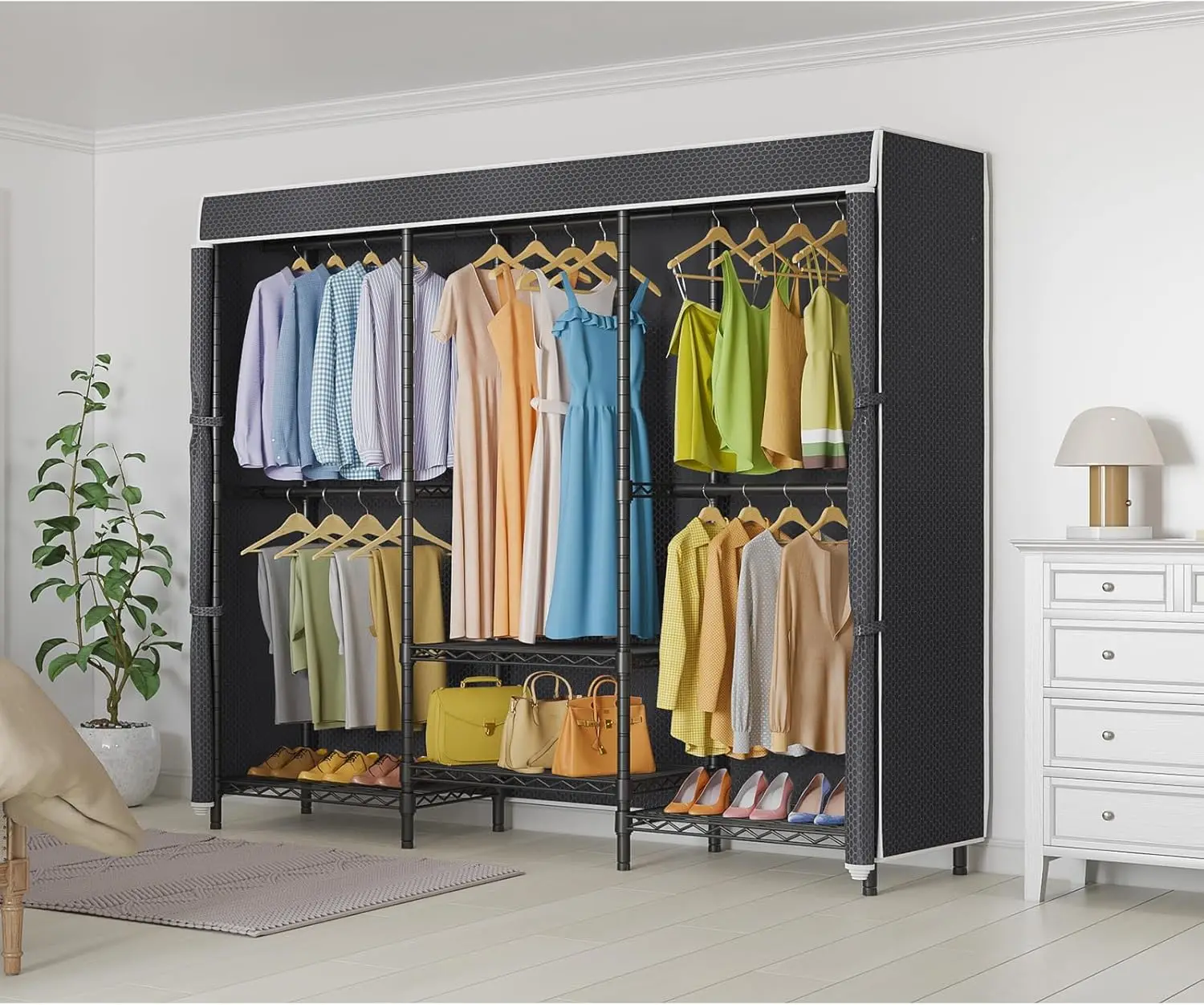 Garment Rack Wardrobe Closet, Heavy Duty Clothes Rack with Adjustable Shelves and Black Upgraded Polyester Cover