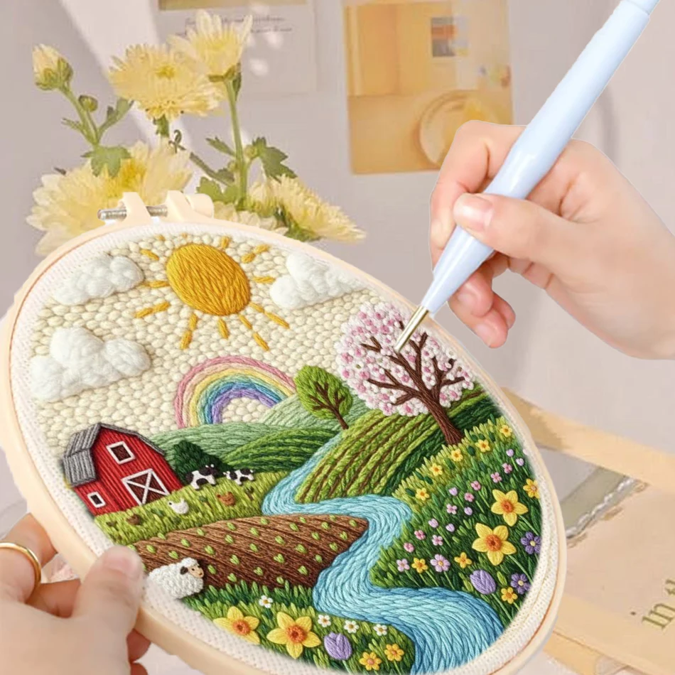 Kit de Bordado Punch Needle de Paisajes de 20x20cm para Adultos, Kit DIY de Bordado Punch, Regalo Artesanal Relajante para Decoración del Hogar