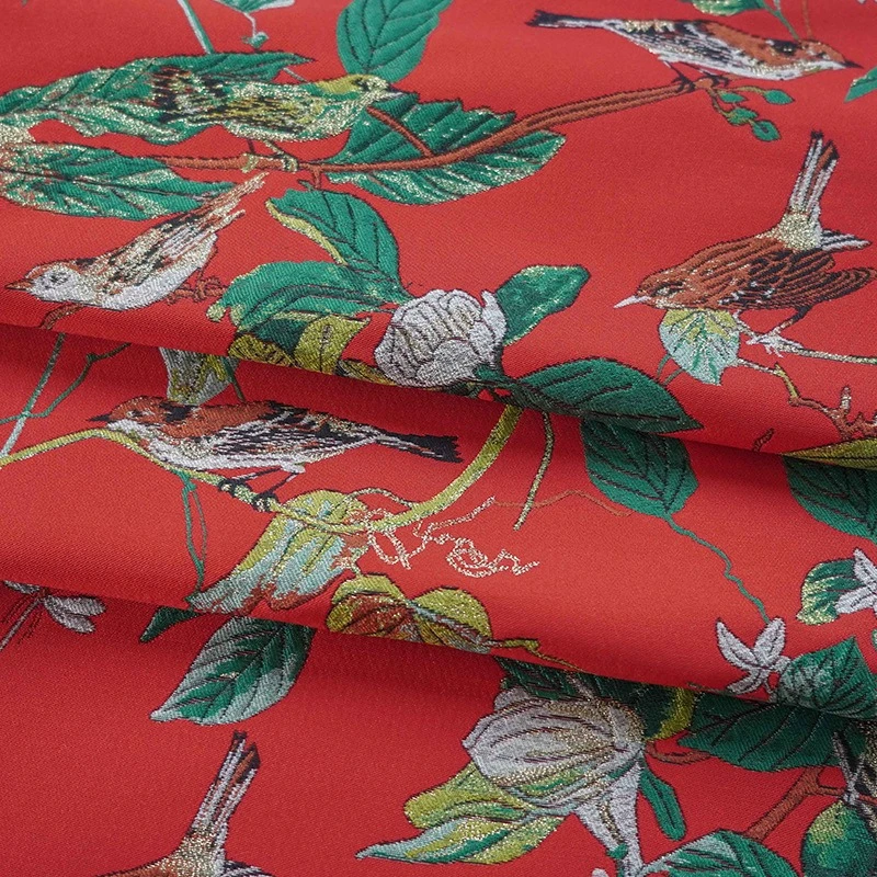 

Classic Festive Red Floral Bird Fabric Cheongsam Autumn Winter Dress Clothing Retro Gold Wire Decorative Fabrics for Sewing