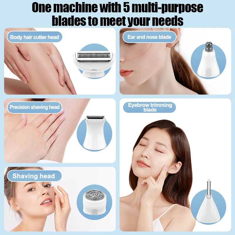5in1 Hair Shaver Bikini Trimmer Replaceable Head Eyebrow Facial Hair Removal Waterproof Dry Wet Use Epilator USB Electric Razor