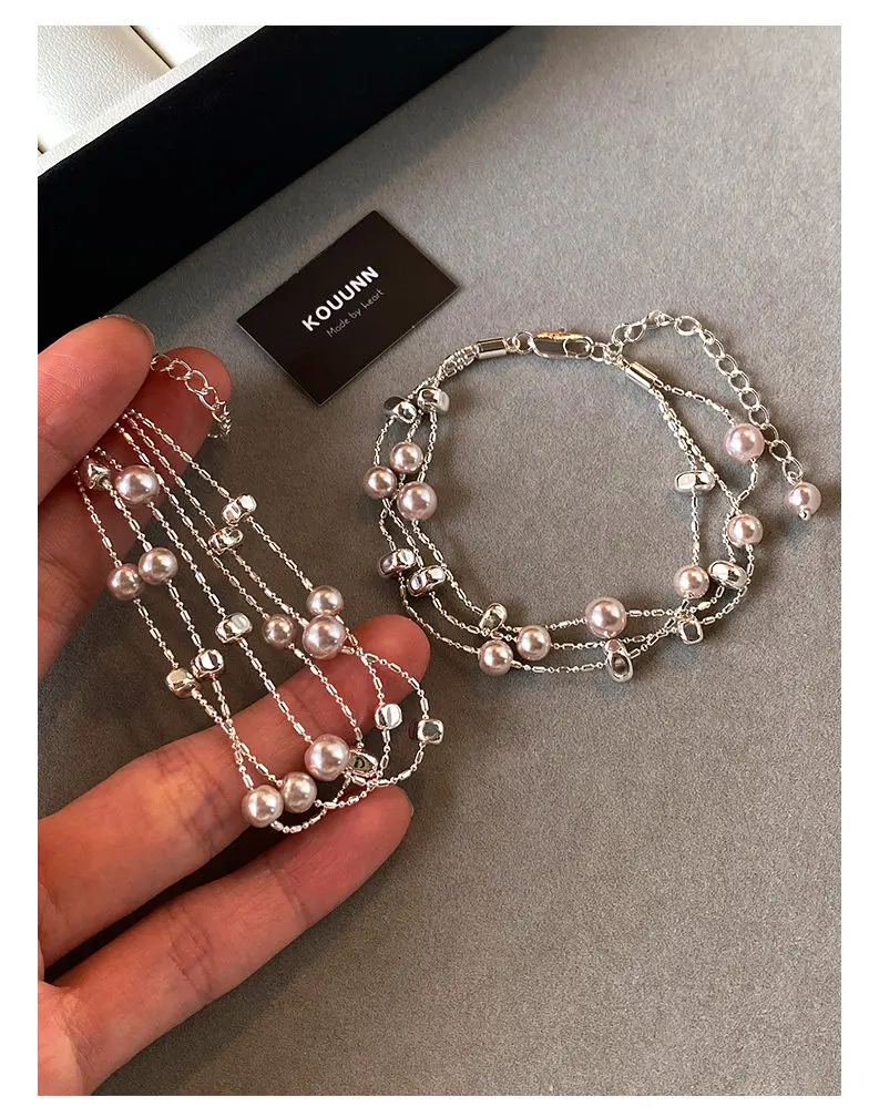 Manta Rose Lila Imitationsperlen Metall Dreischichtige Silberfarbene Armbänder für Frauen Luxus-Schmuck Stilvolles Handgelenk-Accessoire – Detail 7