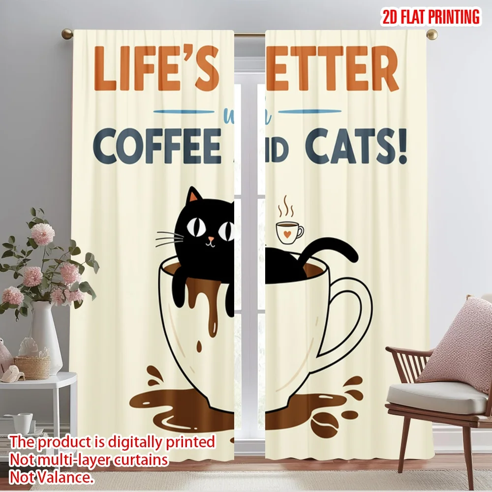 

2pcs 2D flat printing Drapes Cute Cat Coffee Lover Gift Polyester Without Electricity Festive Curtains Perfect for Holiday