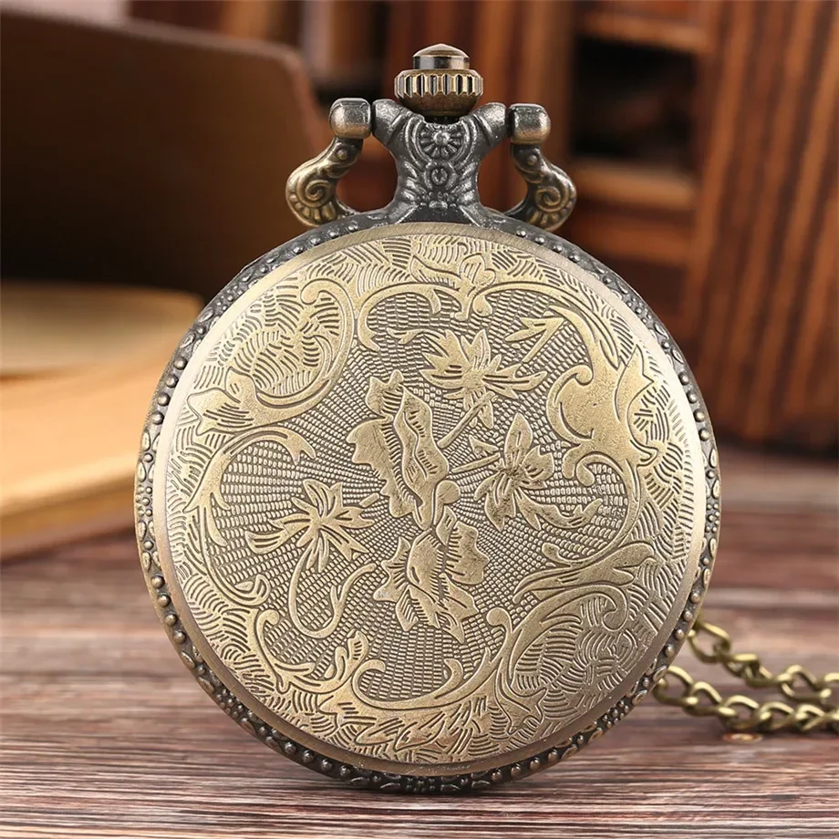 Bronze Hollow Out Geometry Case Men Women Quartz Analog Pocket Watch Half Hunter Pendant Necklace Fob Chain Compass Clock