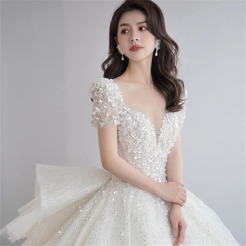 Glamorous Wedding Dresses 2024 Square Collar Short Sleeve Sequin Beaded Chapel Train Bride Dress Customized 128