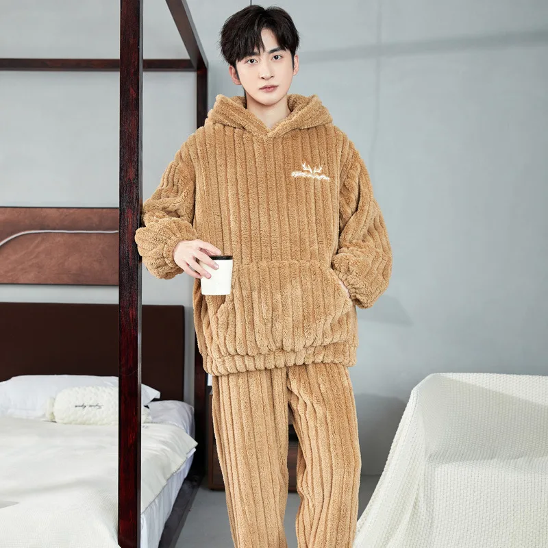 Men\'s Coral Fleece Pajamas Loungewear Autumn Winter Nightwear Thickened Sleepwear Youth Flannel Hooded Warm Male Homewear Set