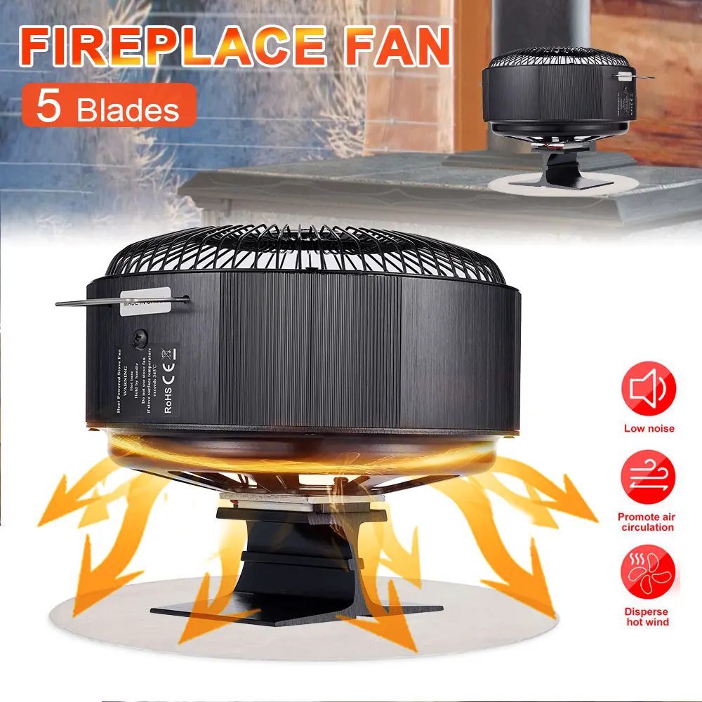 5 Blades Stove Fan Heat Powered Round Log Wood Fireplace Fan Burner Quiet Free-standing Home Warmer Efficient Heat Distribution