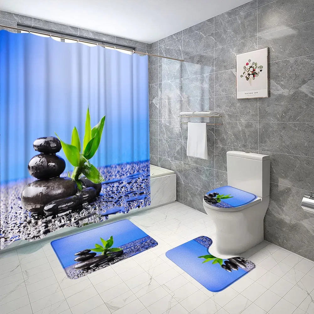 4PCS/Set Black Zen Stone Bamboo Shower Curtains Polyester Fabric Decor Blue Bathroom Curtain Antypoślizgowy dywanik podłogowy Dywanik łazienkowy