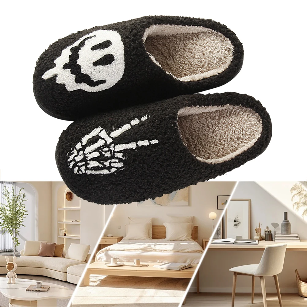 Halloween Skeleton Finger Slippers Plush Closed Toe Slippers Comfortable Furry Skull Finger Slippers Non-Slip for Men Women