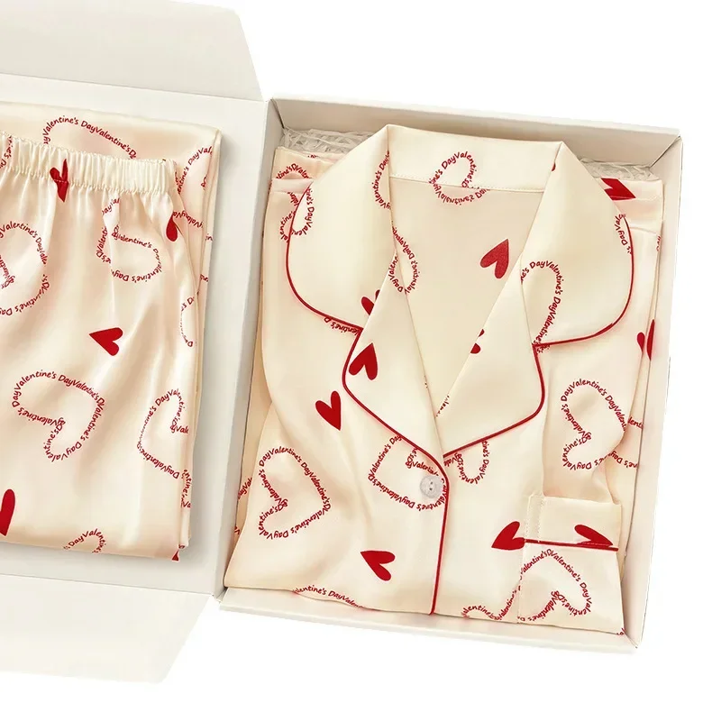 صيف جديد المرأة بيجامة من الحرير الجليدي الكورية كبار الشعور بالضوء الفاخرة خطابات Ins قصيرة الأكمام السراويل الطويلة منامة فتاة مجموعة