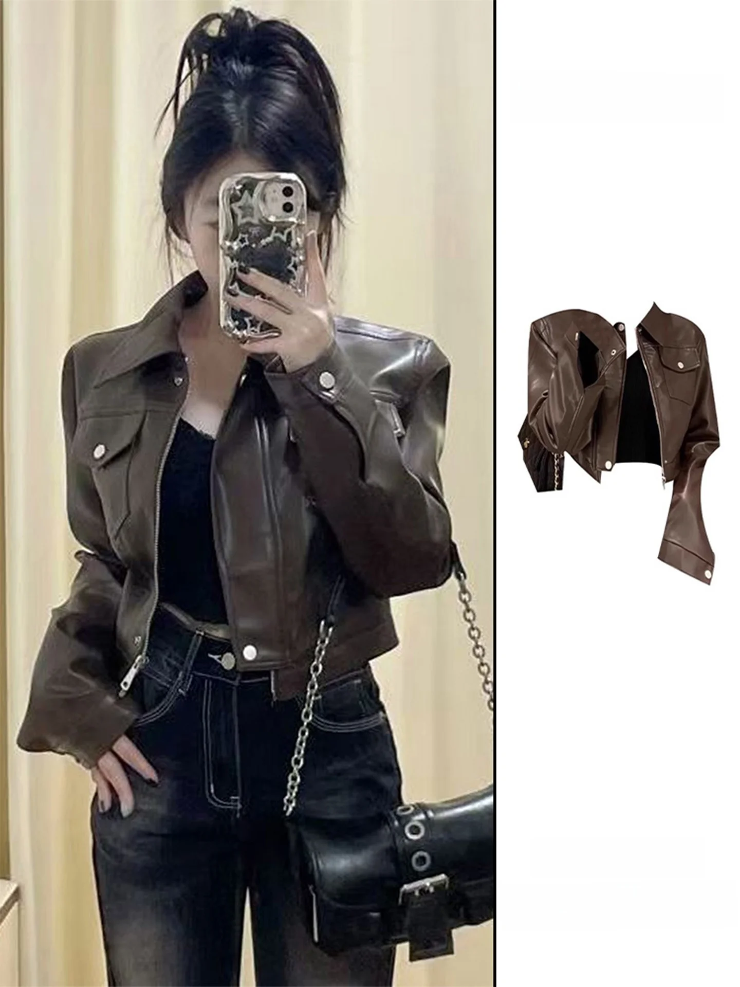 

Коричневая куртка из искусственной кожи в стиле ретро, женская верхняя одежда, осеннее пальто кофейного цвета Cool Girl Sle, маленький размер, пальто на молнии