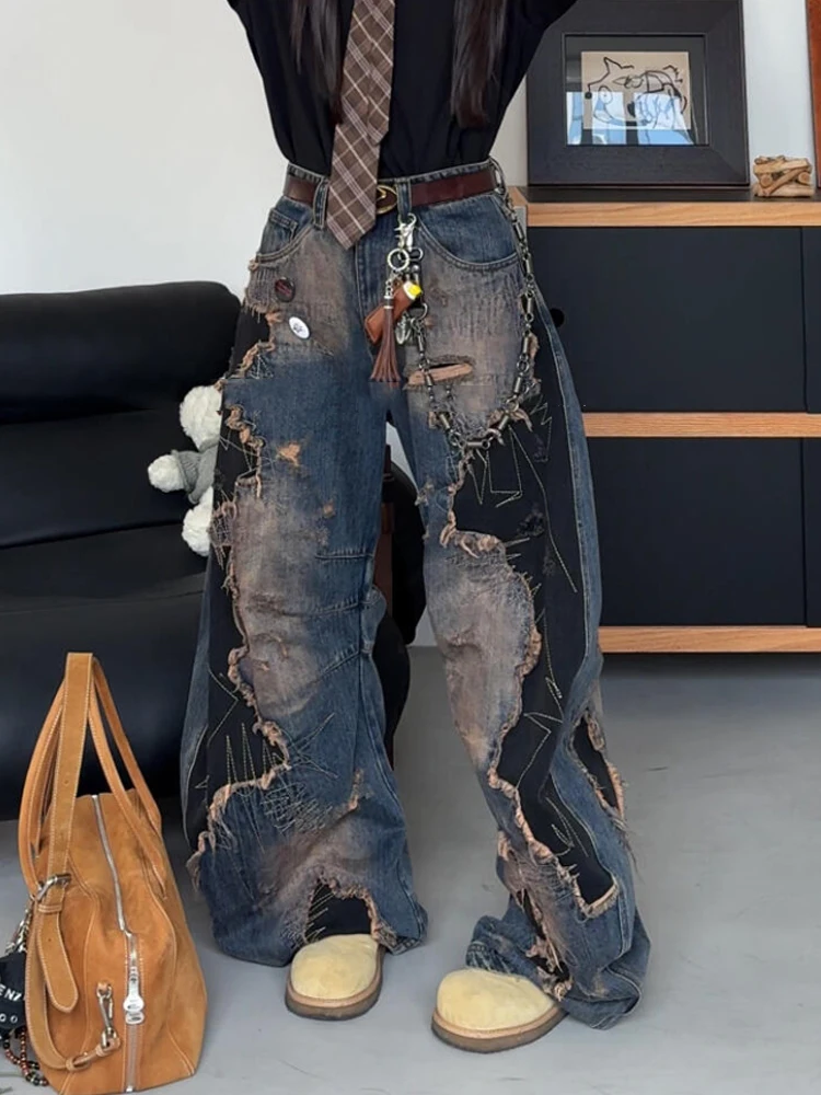 

Y2K Spicy Girls контрастные цветные строчки в американском стиле винтажный дизайн широкие брюки со шваброй новая мода стирка уличные джинсы