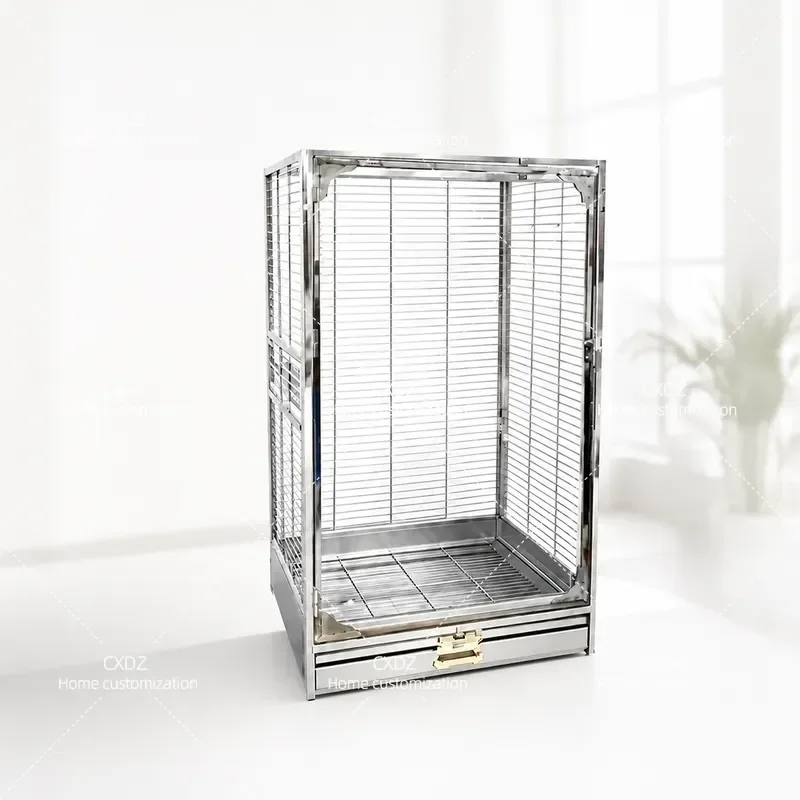 304 Stainless Steel Bird Cage with Transparent Glass Splash Proof Design Medium Large Parrot Breeding Cage for Home Use