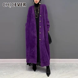 CHICEVER Luxury Slim Sweater Coats For Women V Neck Long Sleeve Splicede Single Breasted Temperament Knitted Cardigan Female New