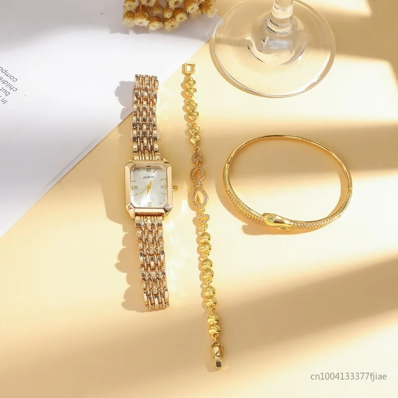 

3 шт. модные прямоугольные женские часы, роскошный ремешок из нержавеющей стали, женские кварцевые часы, браслеты со стразами, набор Reloj Mujer