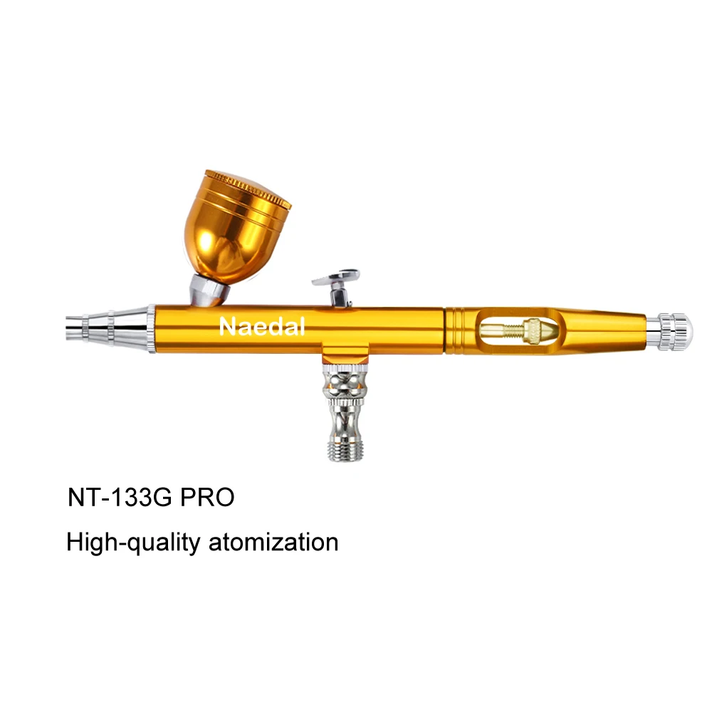 Nasedal Gold Dual-Action Airbrush Compressor Kit 0.3mm Airbrush Spray Gun for Nail Airbrush Model Cake Car Fish Shoes Painting