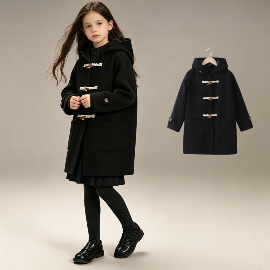 Girls Hooded Toggle Duffle Coat Classic Black Woolen Mid-Length Jacket with Big Pockets Teen Kids School Winter Outerwear 4-12Y