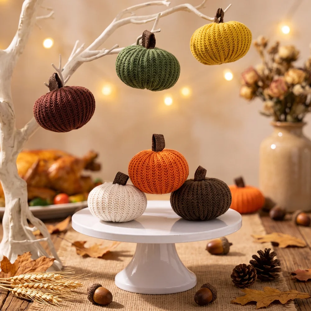 Knitted Miniature Pumpkin Ornaments Set of 6 for Autumn For Home Enhancement with Burlap Stems and Hanging Loop Design
