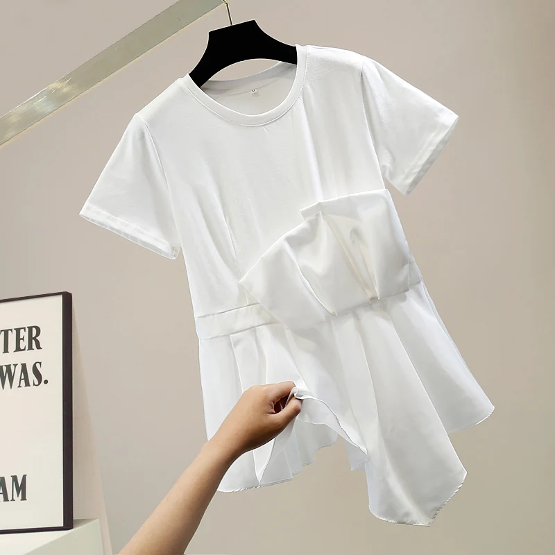 

Корейская женская футболка с коротким рукавом, белая, черная, асимметричная, с плиссировкой и вставками, омолаживающий эффект, универсальный модный топ