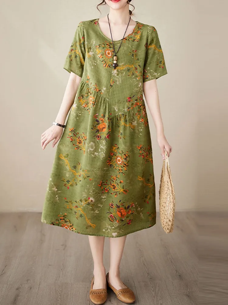 Women Casual Long Dress New 2023 Summer Vintage Style O-neck Floral Print Loose Cotton Female Elegant A-line Dresses B2541