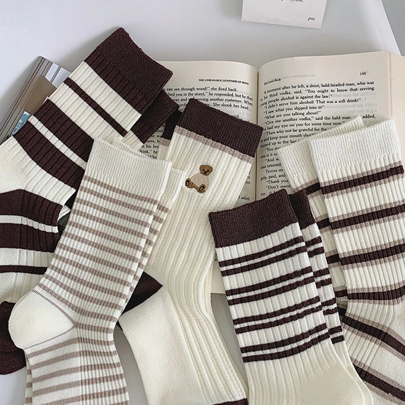 Sports Socks Women's Little Bear Stripe Casual Mid Tube Socks Autumn/Winter Socks Trend Harajuku Style Breathable