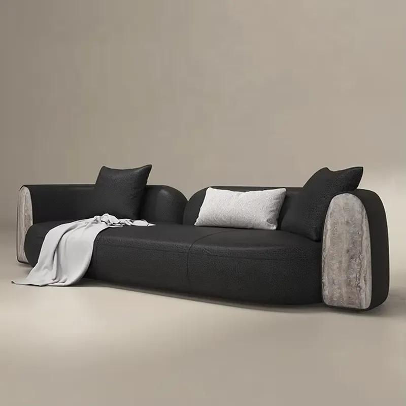 Home Furniture Italian Couch I Shape Modern Design 100% Leather Sofa Natural Marble Arm Villa Sofa