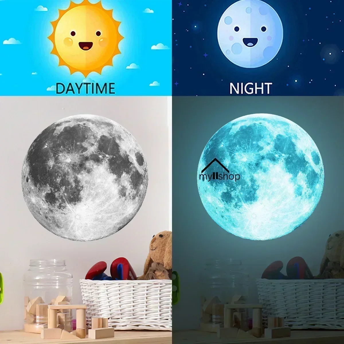 Luminous Moon Star Wall Sticker Glow in The Dark Pink Green Blue Fluorescent Sticker PVC Home Kids Room Decals Posters