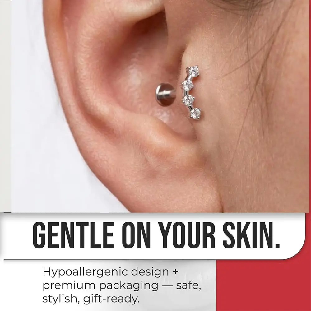 G23 Grade Titanium Ear Stud Four Round CZ 5A Zircon Curved Cluster Internal Thread Tragus Labret Piercing Jewelry for Women Men