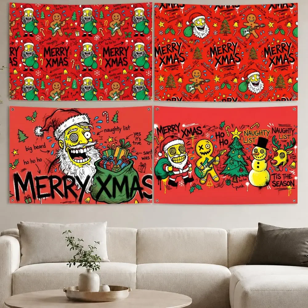 Christmas Flag Punk Graffiti Santa Claus Snowman Reindeer Gingerbread Xmas Wall Hanging Party Outdoor Home Decor