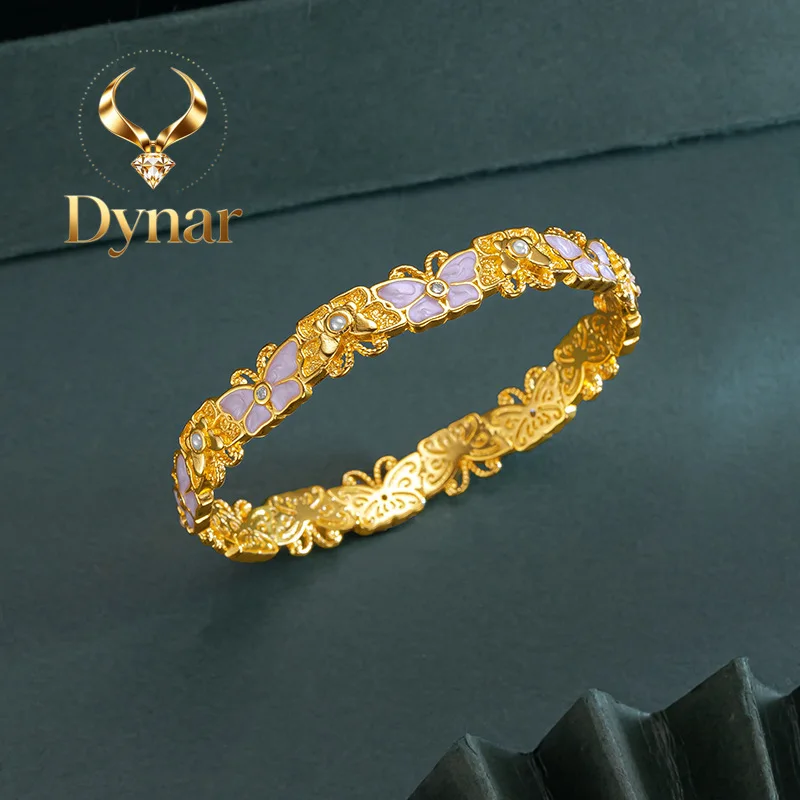 Dynar Jewelry 9999 24K gold fire-fighting butterfly girl three-piece set hollow inlaid pink shell necklace ring light luxury