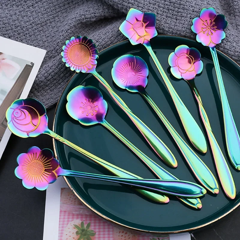 8Pcs Set Small Flower Teaspoon 304 Stainless Steel Ice Cream Coffee Spoon Gifts Dessert Tableware Kitchen Tableware Accessories