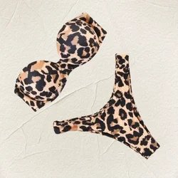 Seksowne kobiety strój kąpielowy bikini biustonosz push-up zestaw bikini dwuczęściowy strój kąpielowy stroje kąpielowe kostiumy kąpielowe z niskim stanem Leopard kąpiel