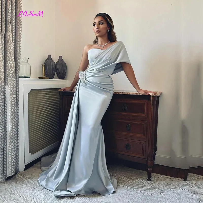 

LISM Sky Blue Mermaid Prom Dresses One-Shoulder Floor Length Women Satin Evening Dress for Women Long Formal Occasion Dress 2023