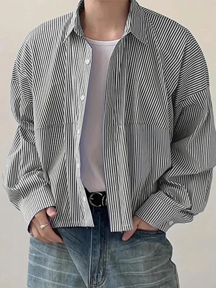 

Vintage Turn-down Collar Button-up Shirt For Mens Fashion Striped Printed Long Sleeve Shirts 2025 Autumn New Casual Men's Shirts