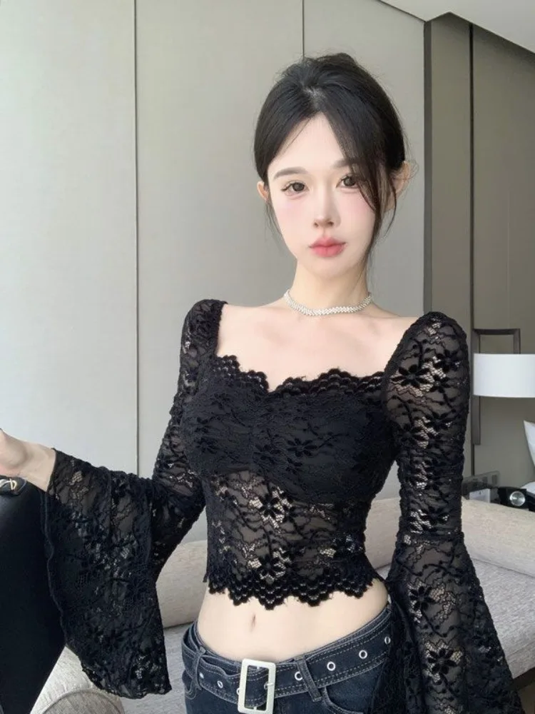 

Y2K Clothes 2000s Cropped Top Flared Sleeves T-shirt Women Lace Sexy Tshirt Slim Shirts Harajuku Tops Aesthetic Club Streetwear