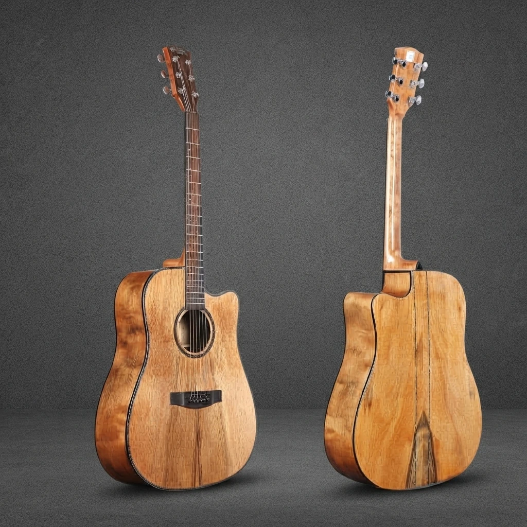 Figured Grain Dreadnought Cutaway Guitar, Natural Wood Texture, Gloss Finish, Dark Fretboard, Chrome Tuners for Hobby Learners