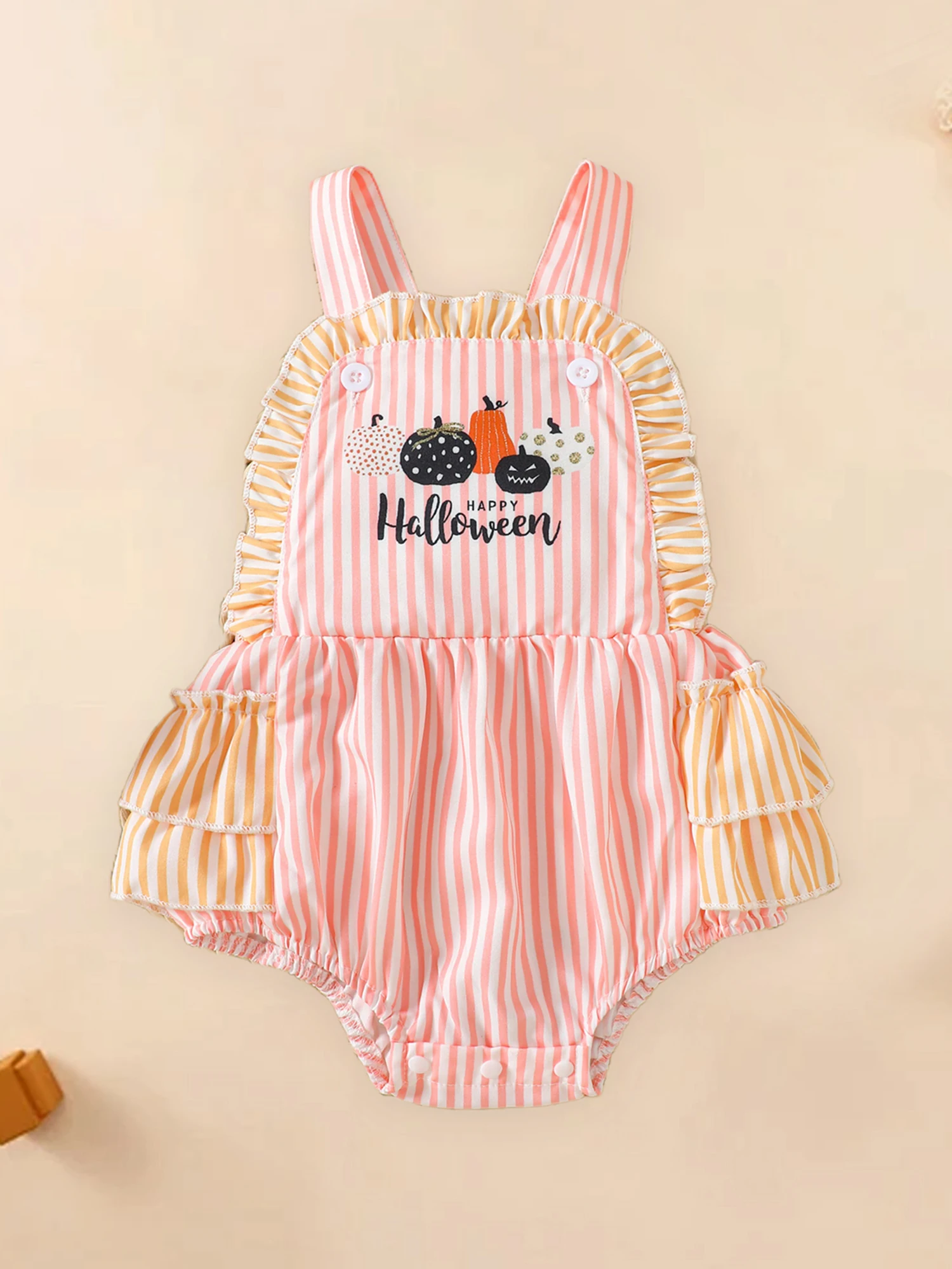 

Toddler Halloween Costume Pumpkin Print Striped Ruffle Sleeveless Romper Jumpsuit with Cute Bow for Autumn Festivities