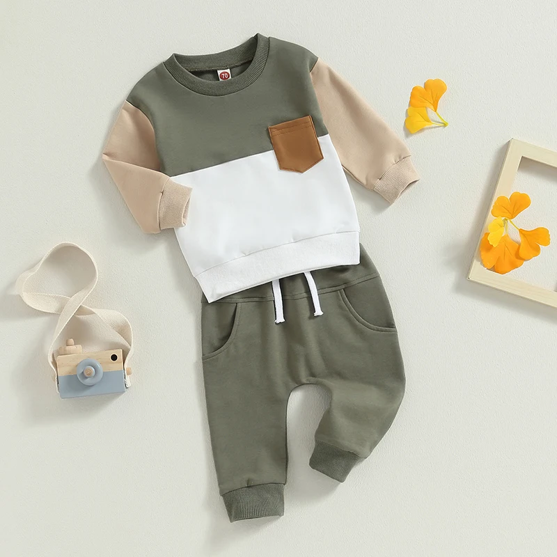 

Infant Baby Boys Pants Outfits Contrast Color Long Sleeve Sweatshirt and Joggers Pants Sweatsuit Set