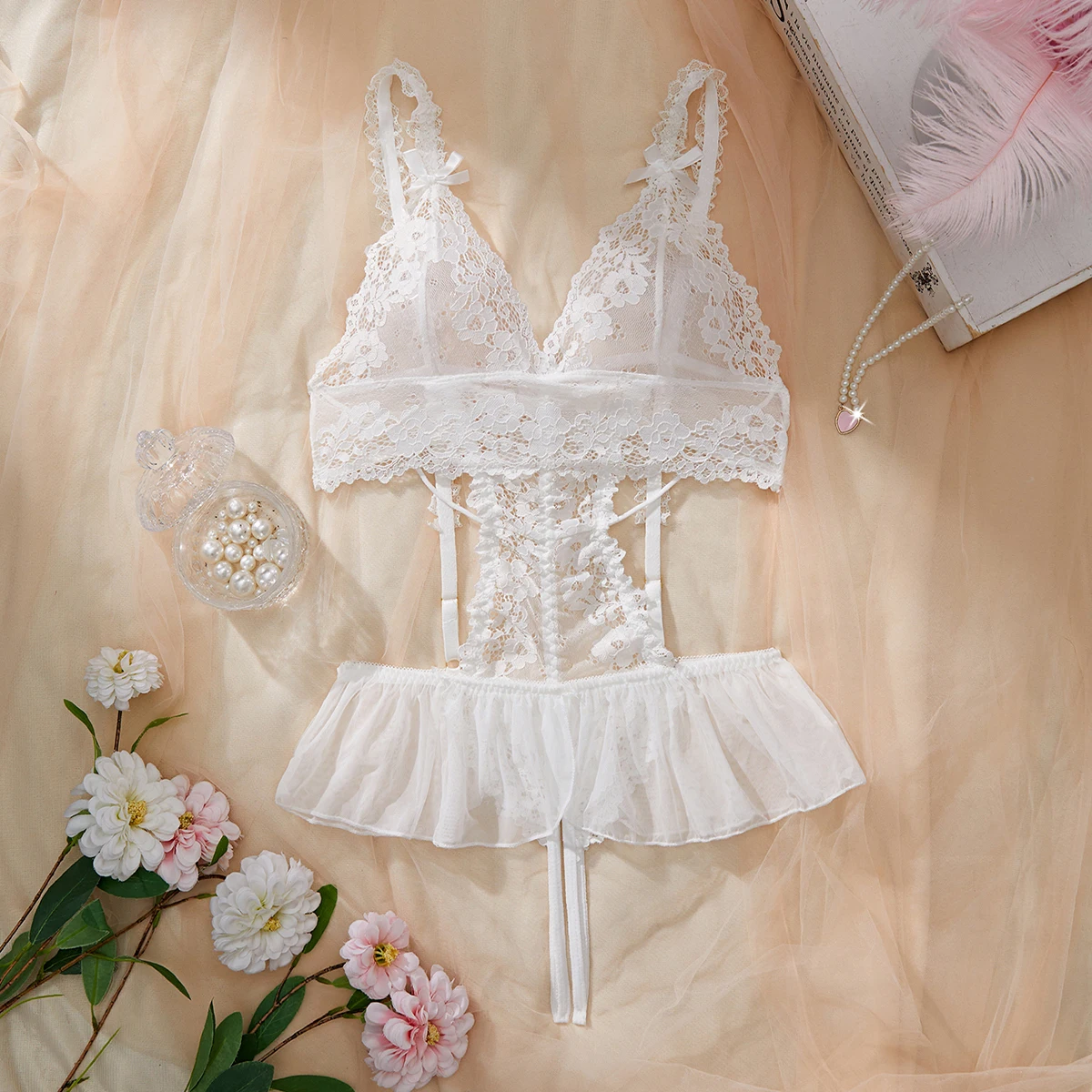 

Summer Hot Selling New Adult Women's Perspective Sexy Lace Simple Style White Suspender Beautiful Ultra Mini Unobstructed Dress