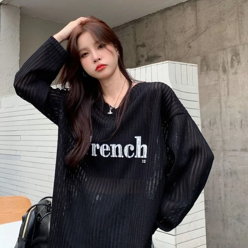 Women Clothing Fashion Loose Letter Printing T-shirts Spring Summer Casual Solid Hollow Out Top Tee Cotton Long Sleeve Pullovers