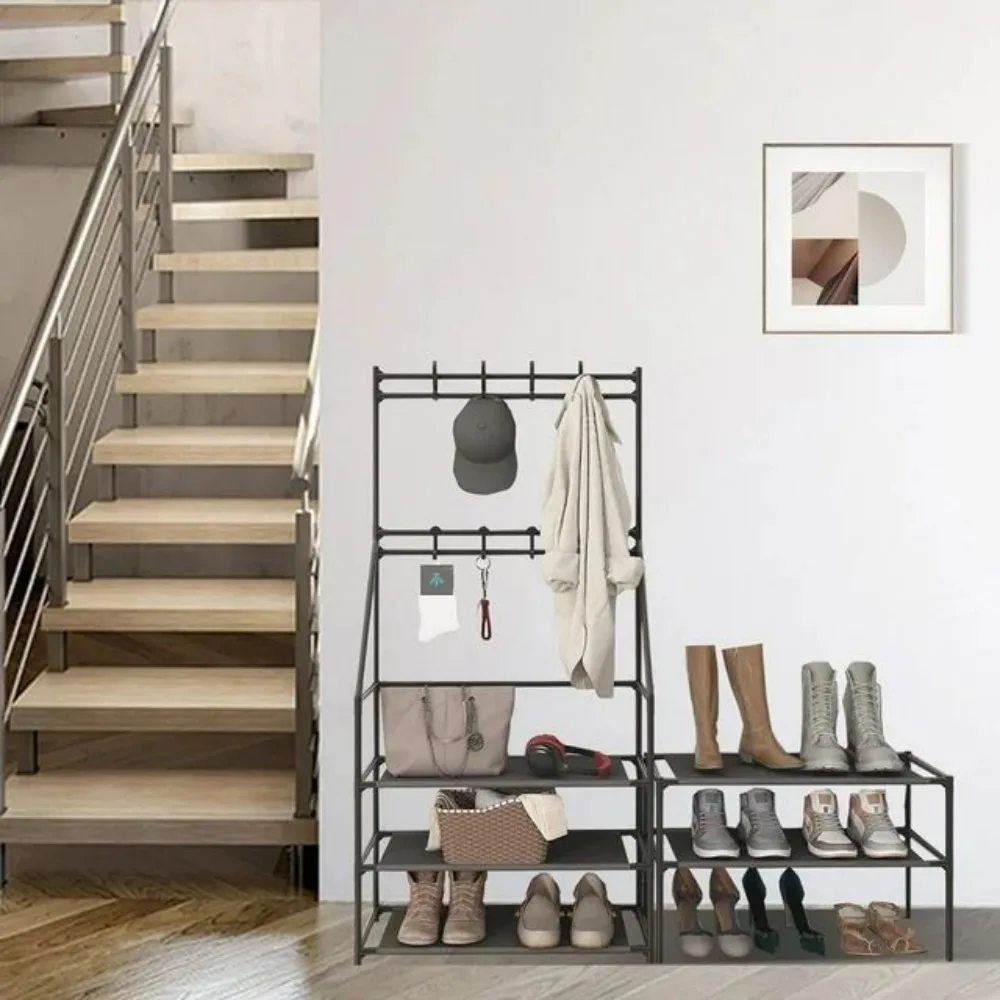 

5-Tier Shoe & Hat Rack with 8 Hooks - Space-Saving Entryway Organizer for Shoes, Bags, Coats & Accessories