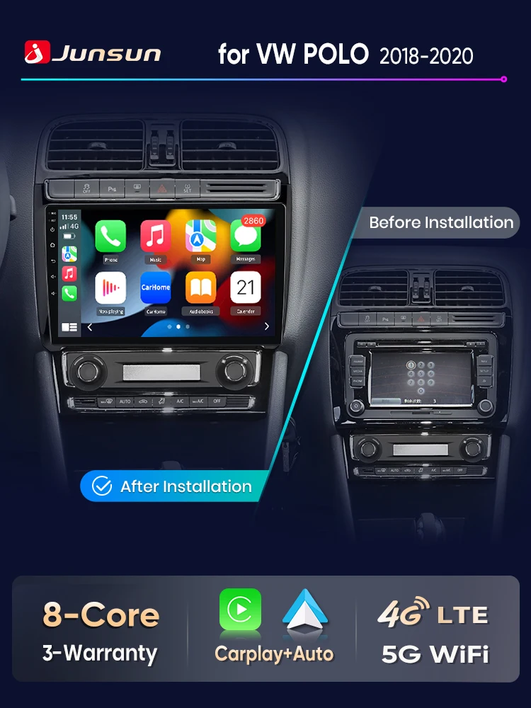 Junsun Autoradio für VW POLO 5 Limousine 2008-2020 mit CarPlay, Android Auto, FM, RDS, DSP, BT, GPS-Navigation, Lenkradfernbedienung, HD IPS Touchscreen, Plug & Play Multimedia-Player,