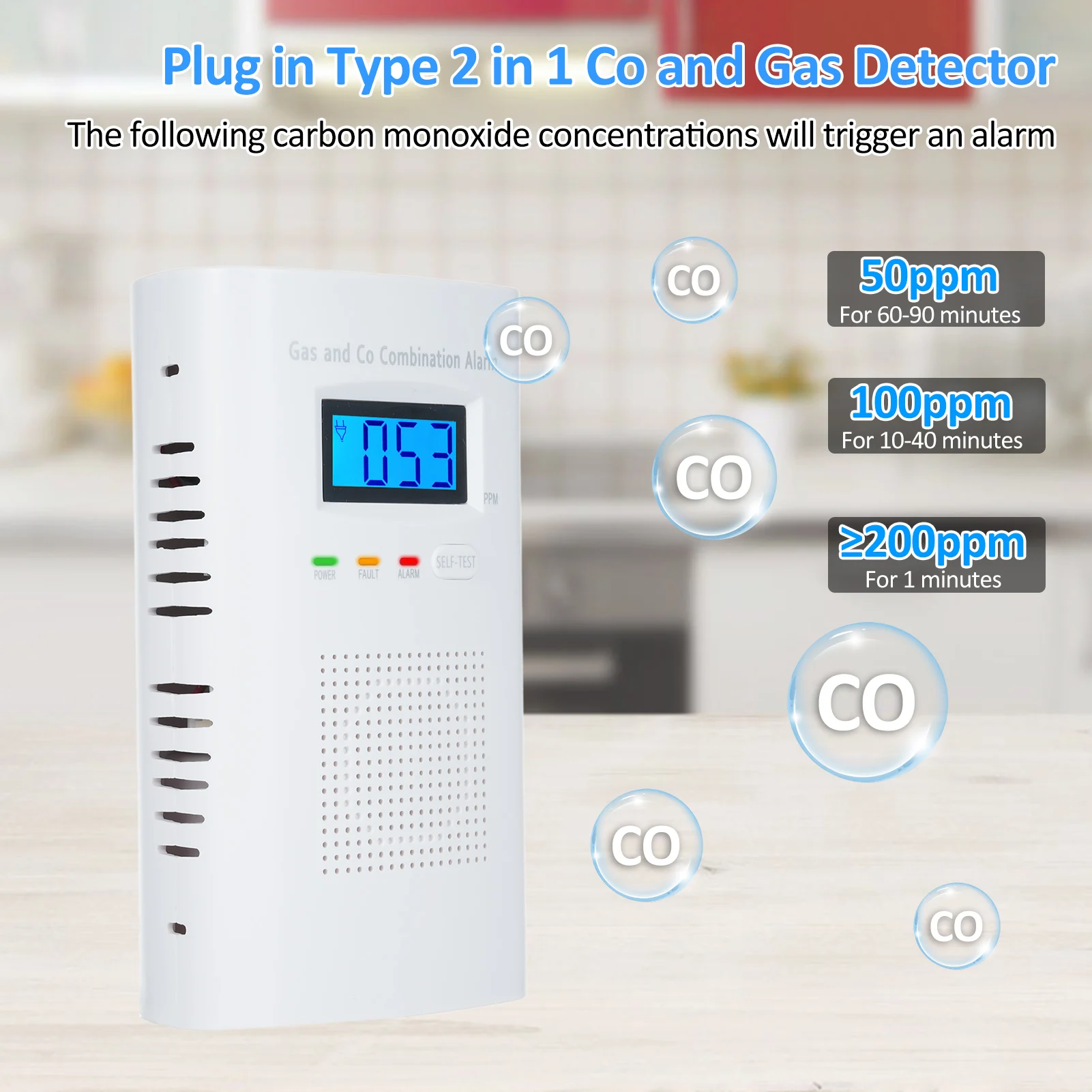 2in1 Gas Detector Carbon Monoxide Natural Gas Detector Combination Co Monoxide Propane LPG Gas Detector for Kitchen Home