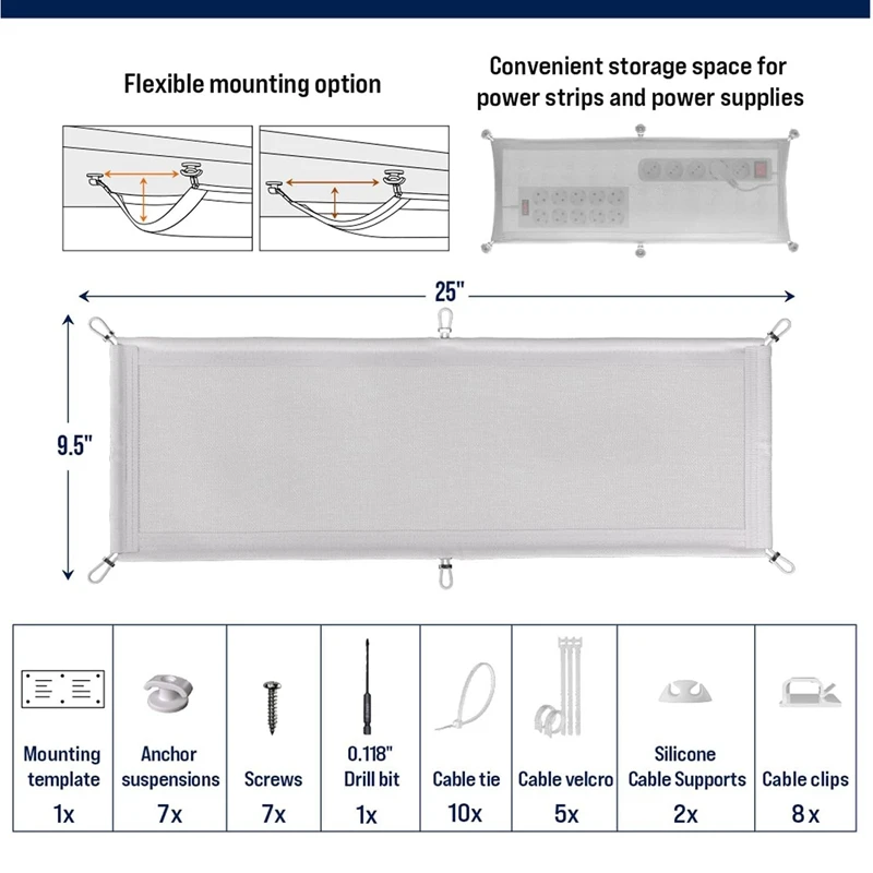 Cable Management Net - Under Desk Wire Management - Flexible Under Desk Cable Management Tray White